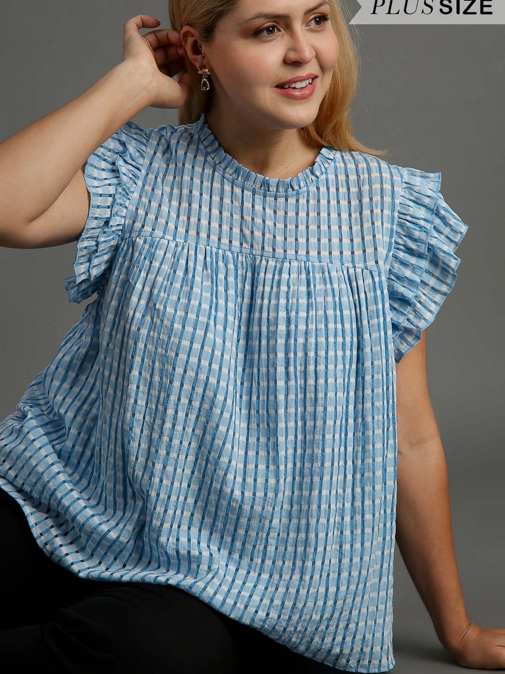 Umgee Light Blue Gingham Ruffle Sleeve Blouse (New In Bag)